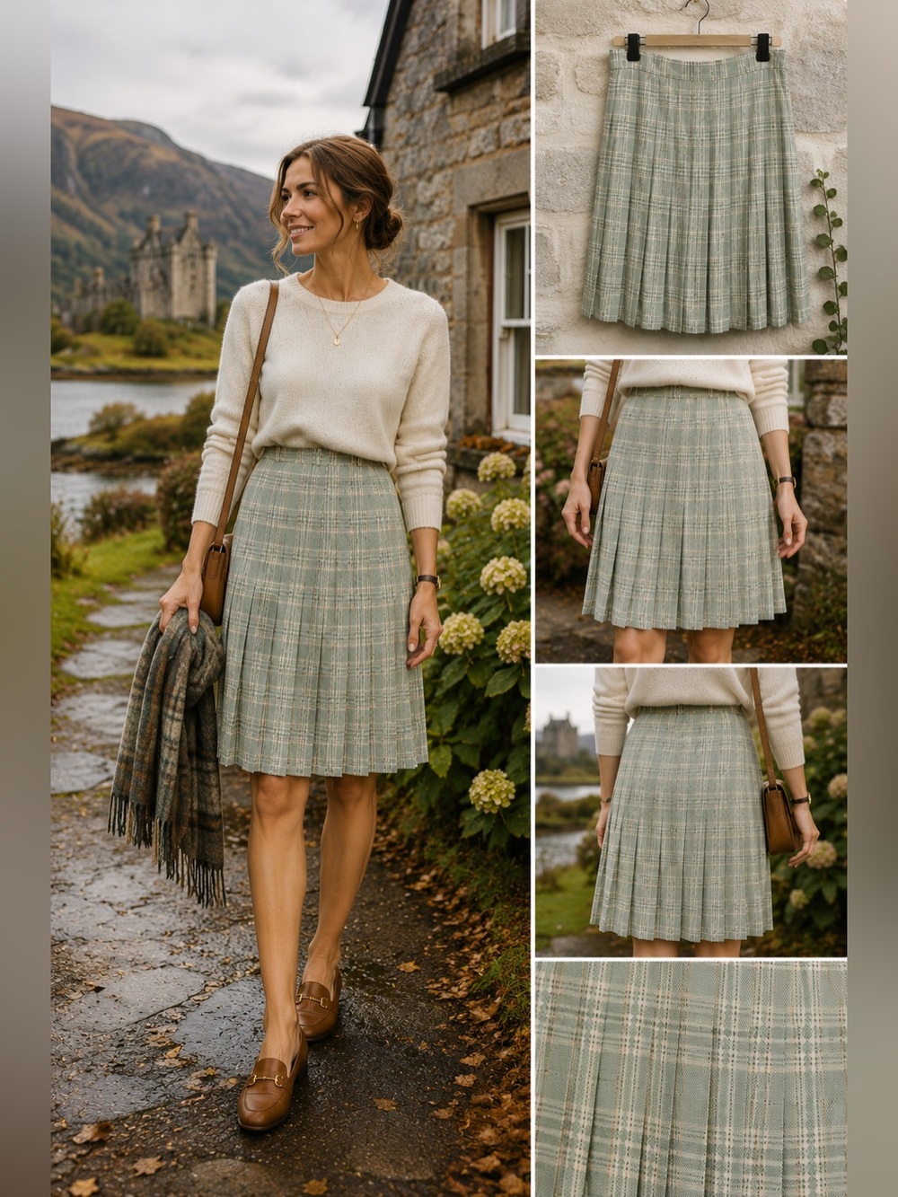 Talbots Mint Green Plaid Pleated Skirt Petite 4 Cottagecore Fall Midi